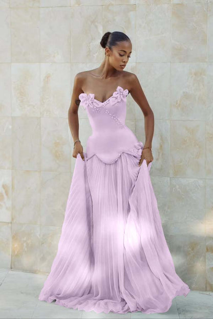 Stunning Strapless Sleeveless Long Prom Dress With Pleated Beading