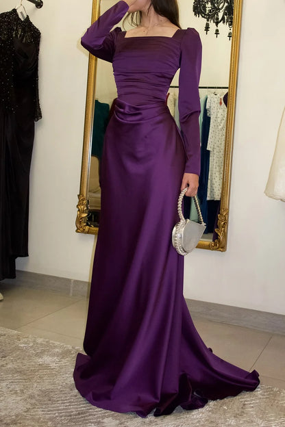 Square Neck Ruched Lace-Up Long Sleeve Party Maxi Dress