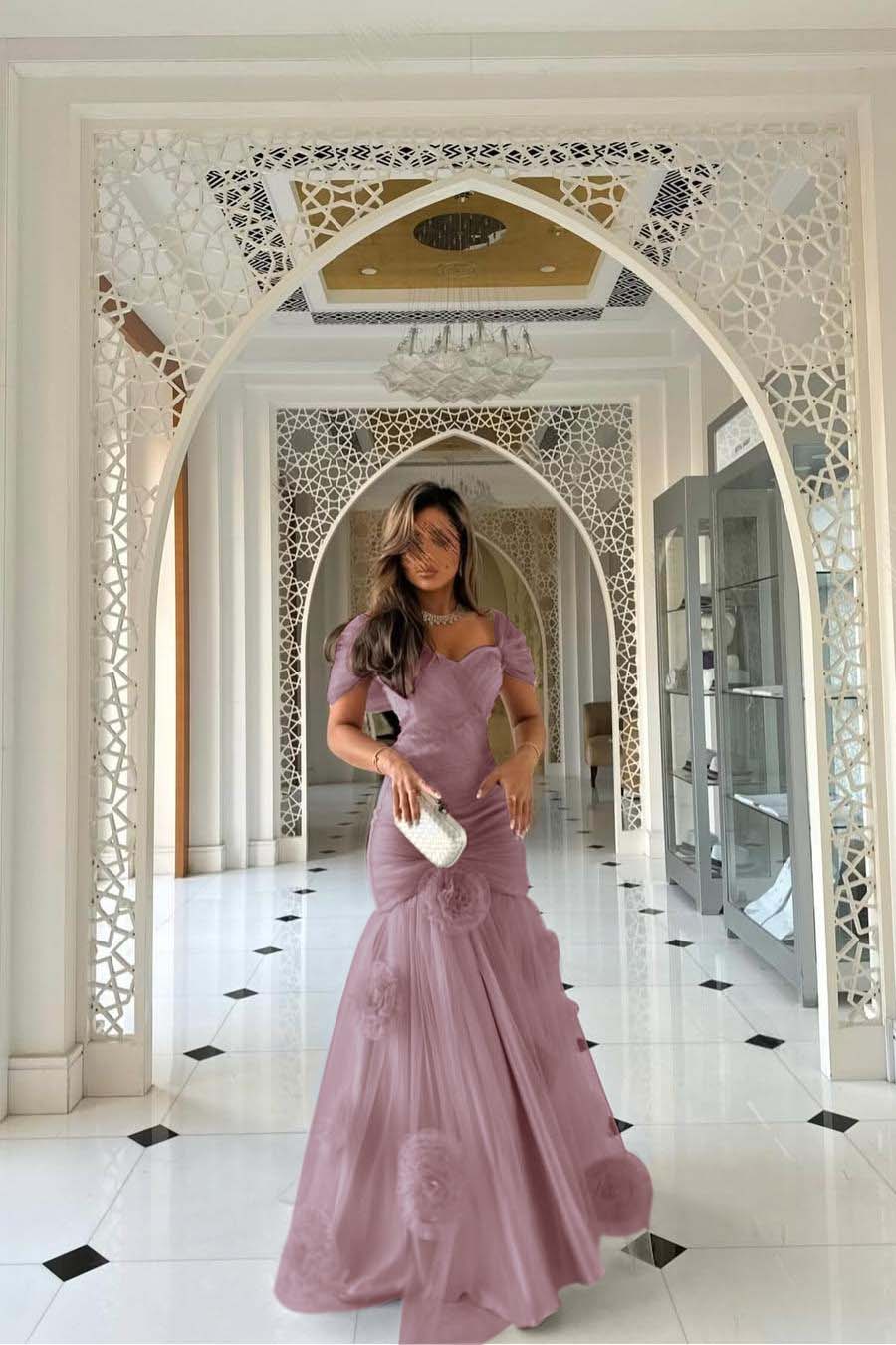 Sweetheart Short Sleeves Long Mermaid Prom Dress With Pleated