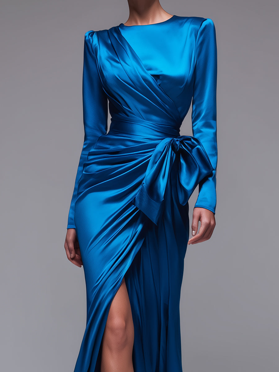 Sapphire Draped Satin Gown With Side Bow Detail And High Slit