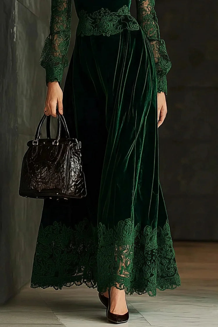 Water-Soluble Lace Trim High Neck Cinch Waist Velvet Maxi Dress