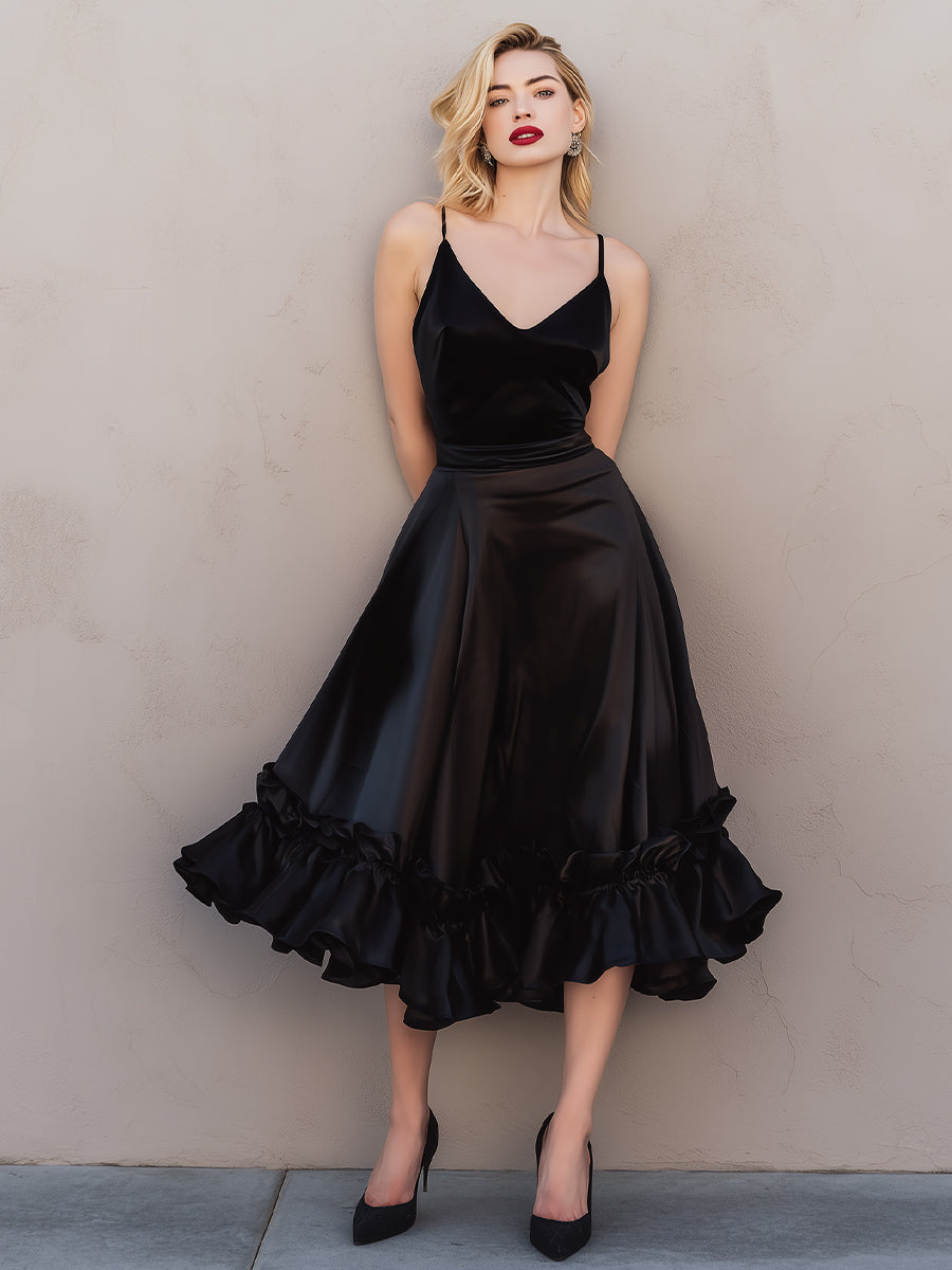 Satin Ruffled Midi Dress With Spaghetti Straps