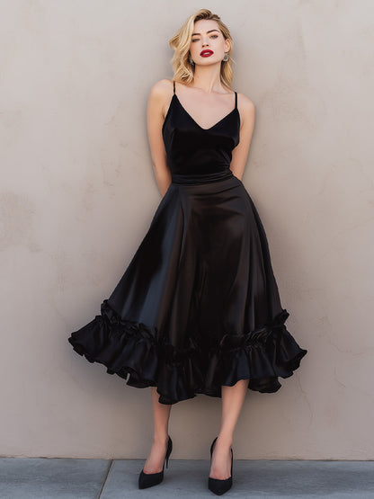 Satin Ruffled Midi Dress With Spaghetti Straps