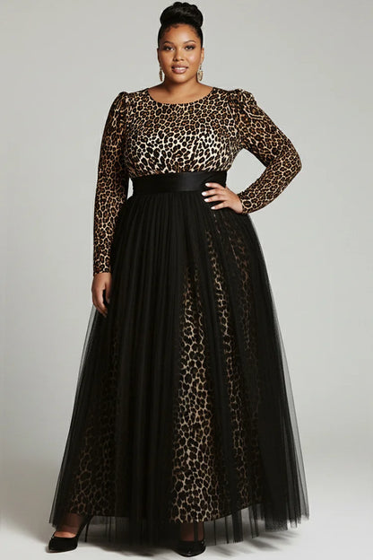 Black Leopard Round Neck Long Sleeve Contrast Elegant Tulle Maxi Dress