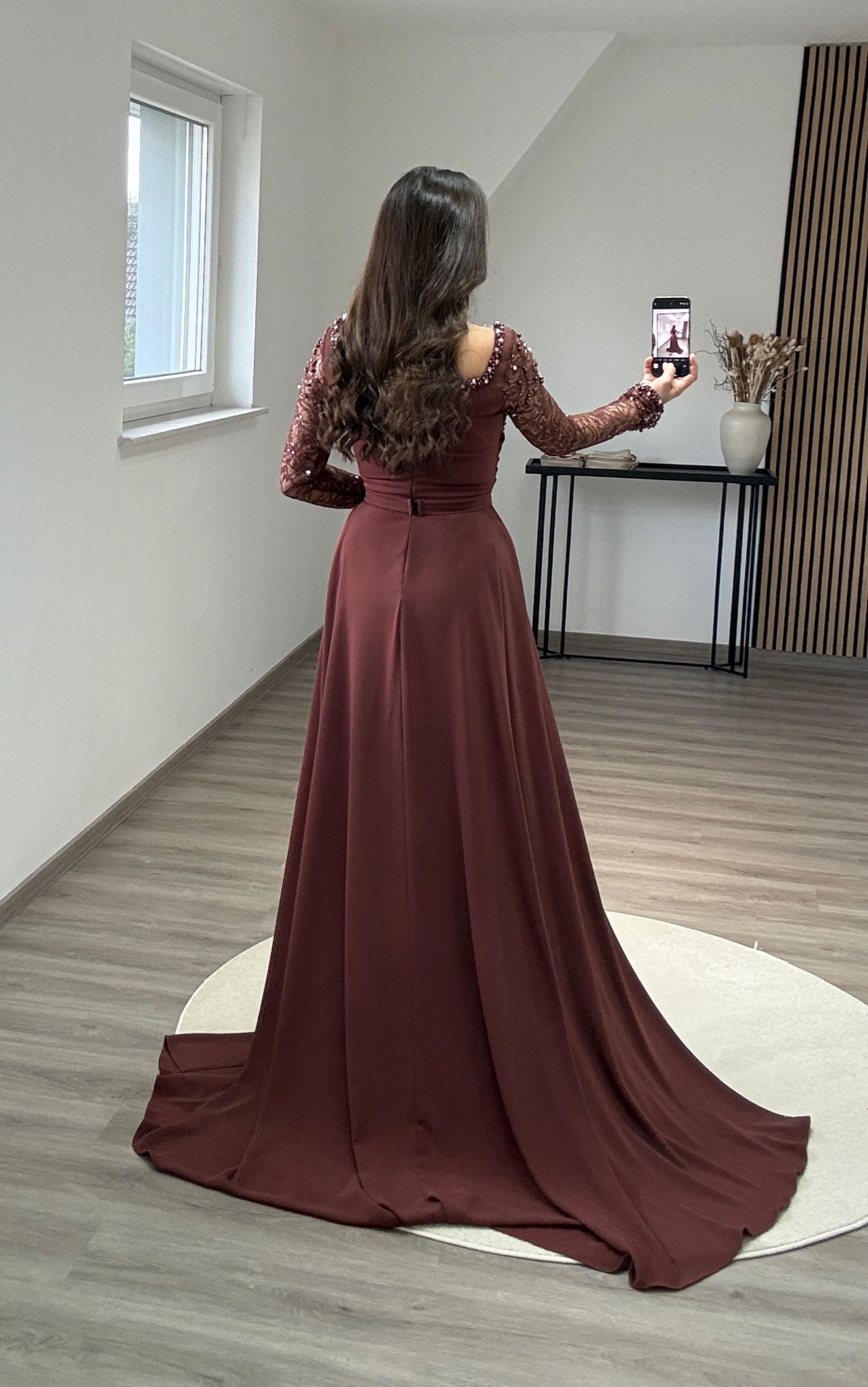 Long Sleeves Empire-Waist Ruched Feathers Formal Evening Dress