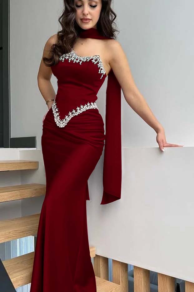 Strapless Sleeveless Long Mermaid Pleated Prom Dress With Ruffles And Appliques