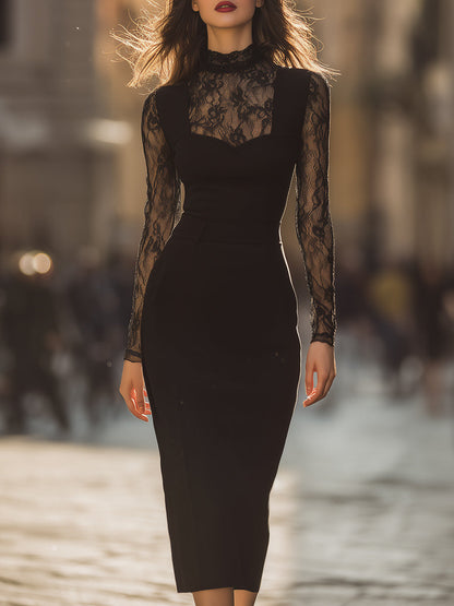 Elegant Lace Panel Midi Dress