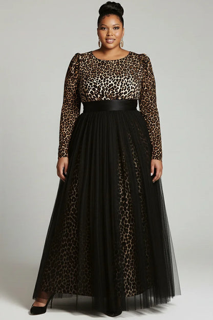 Black Leopard Round Neck Long Sleeve Contrast Elegant Tulle Maxi Dress