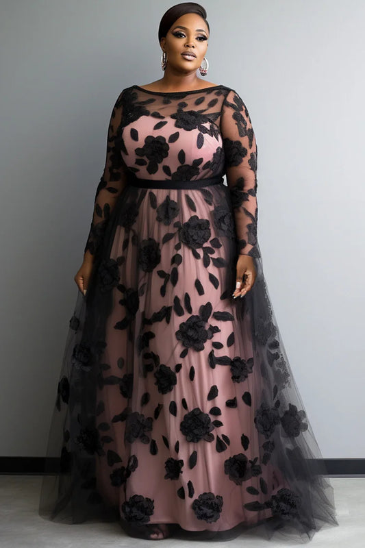 Mother Of The Bride Black Round Neck Long Sleeve Lace Maxi Dress