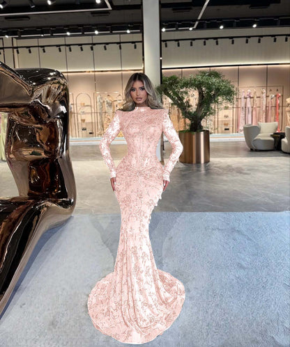 High Neck Long Sleeves Long Mermaid Prom Dress With Beading Pleated