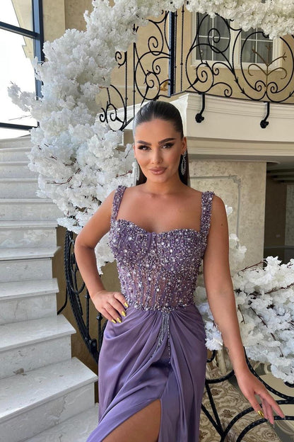 Spaghetti Strap Sleeveless Long Split Prom Dress With Beading