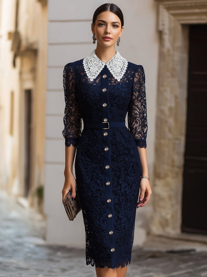 Elegant Lace Button-Front Midi Dress With White Collar