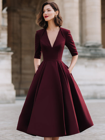Elegant Deep V-Neck Structured A-Line Midi Dress