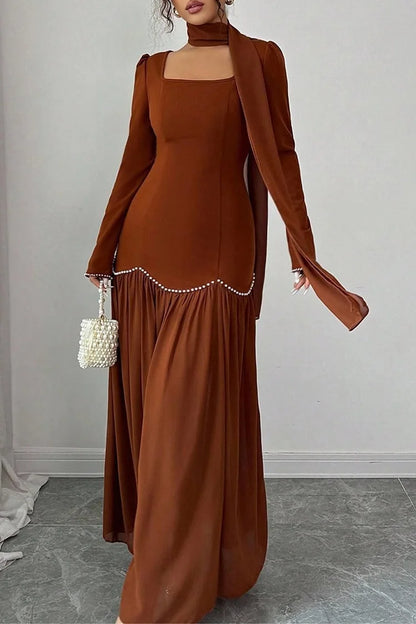Pearl Beads Embroidery Square Neck Pleated Long Sleeve Maxi Dress