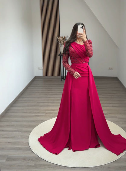 Fuchsia Long Sleeves Scoop Appliques Evening Dress