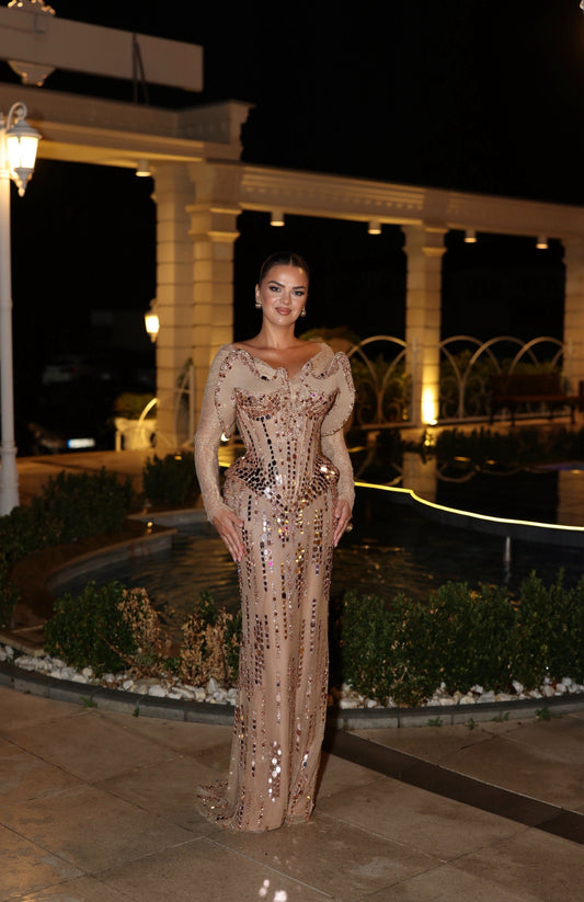 Embellished Beaded Scoop Long Sleeves Evening Dress