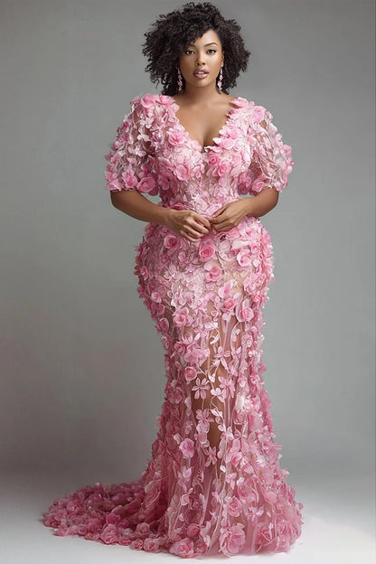 Formal Pink V Neck Short Sleeve 3D Elegant Mermaid Maxi Dress