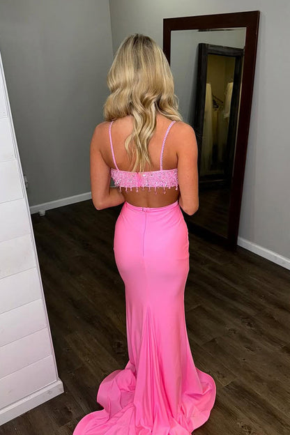 Two Piece V Neck Pink Sequins Long Prom Dress