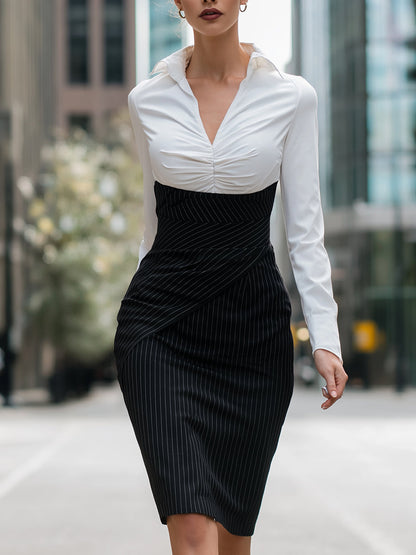 White Ruched Bodice Pinstripe Pencil Dress