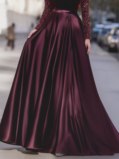 Velvet Sequin Sleeve Gown With Satin Skirt