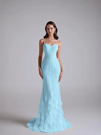 Spaghetti Straps Sleeveless Long Mermaid Prom Dress With Petals And Sequins