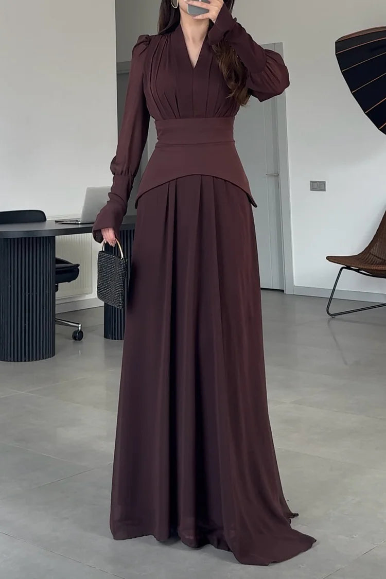 Pleated V Neck Puff Shoulder Long Sleeve Party Maxi Dress