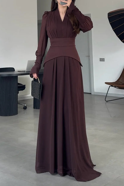 Pleated V Neck Puff Shoulder Long Sleeve Party Maxi Dress