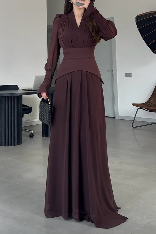 Pleated V Neck Puff Shoulder Long Sleeve Party Maxi Dress