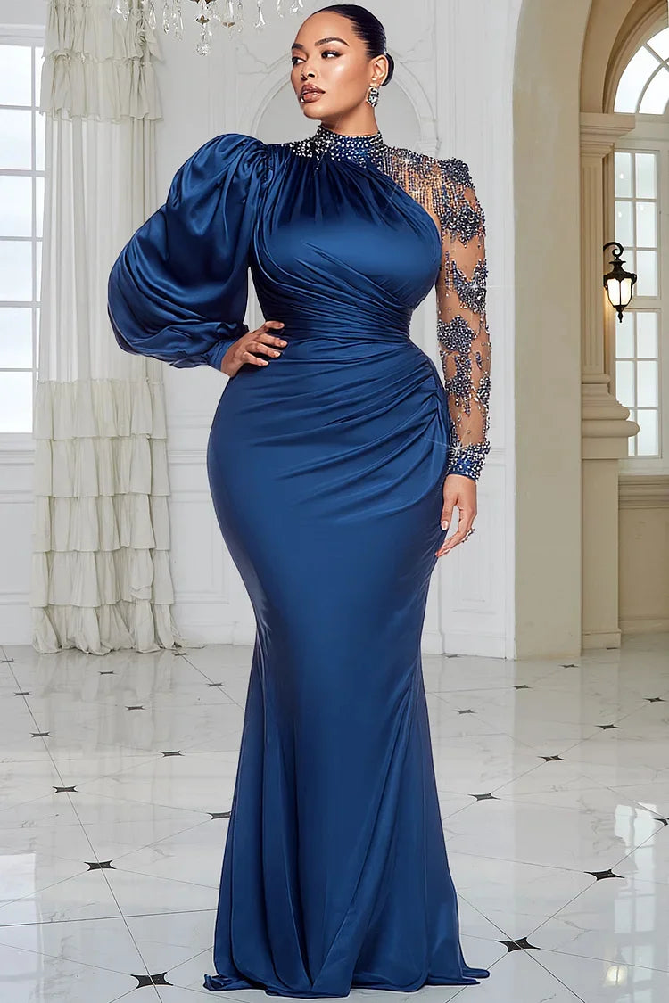 Design Plus Size Formal Blue Mock Neck Lantern Sleeve