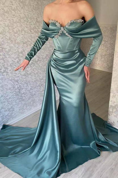 Sweetheart Long Sleeve Prom Dress Mermaid Evening Formal Dress With Rhinstone