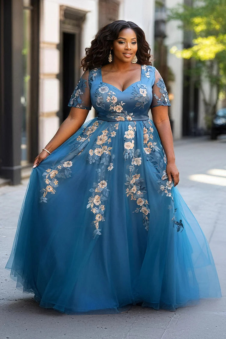 Formal Blue Short Sleeve Floral Print Tulle Maxi Dress