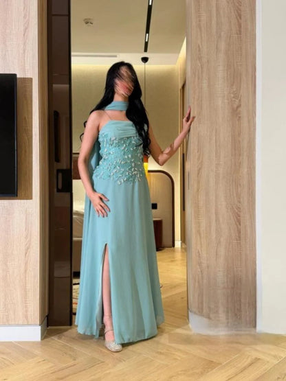 Strapless Beaded Sleeveless A-Line Side Shawl Evening Dress