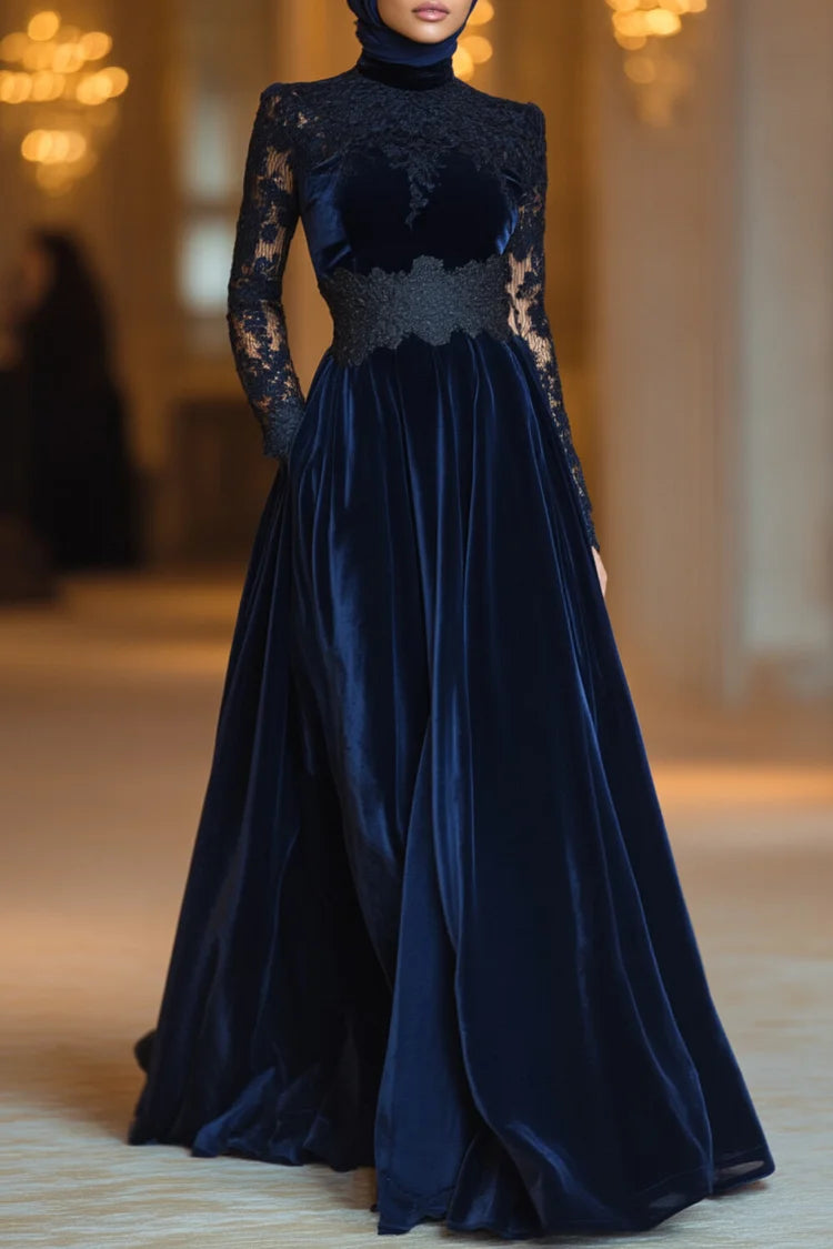 Sheer Lace High Neck Cinch Waist Velvet Party Maxi Dress