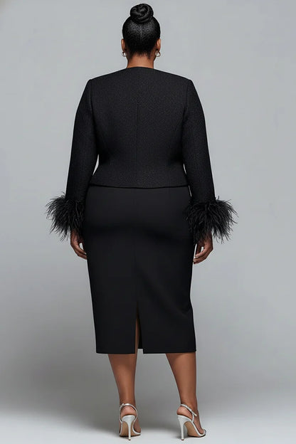 Cocktail Party Black Round Neck Long Sleeve Feather Elegant Two Piece Dress Set