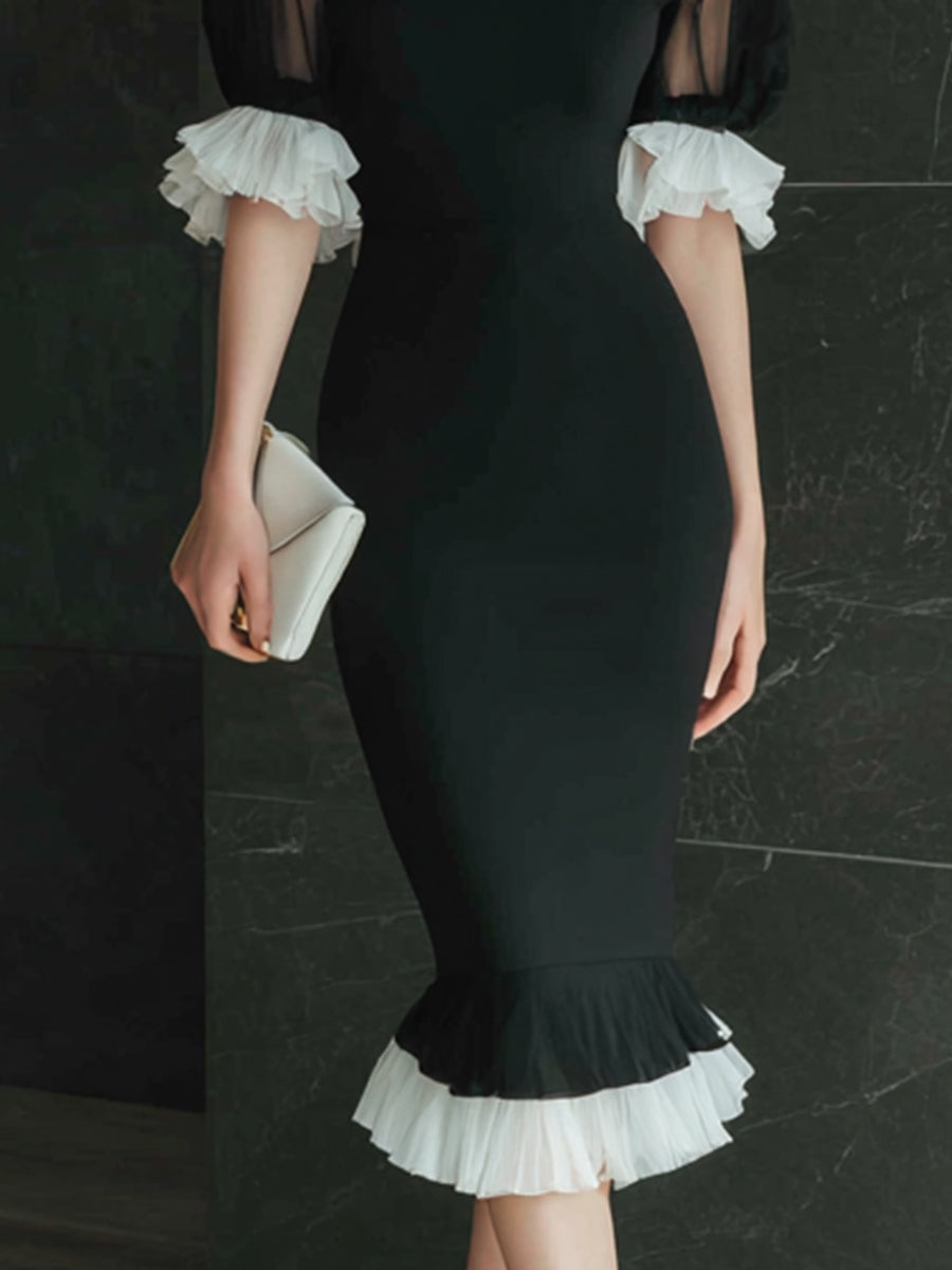 Black Midi Dress With Sheer Puff Sleeves And Pleated Trim