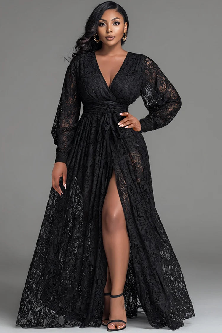 Black V Neck Long Sleeve Split Elegant See Through Lace Maxi Dresses