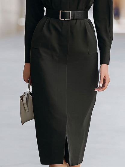 Stand-Collar Utility Belted Midi Dress