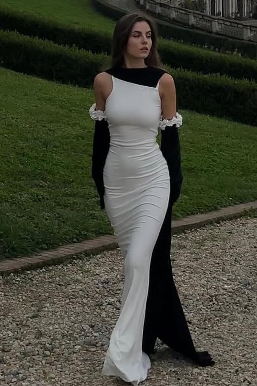 White Sleeveless Mermaid Long Prom Dress With Pleated Gloves