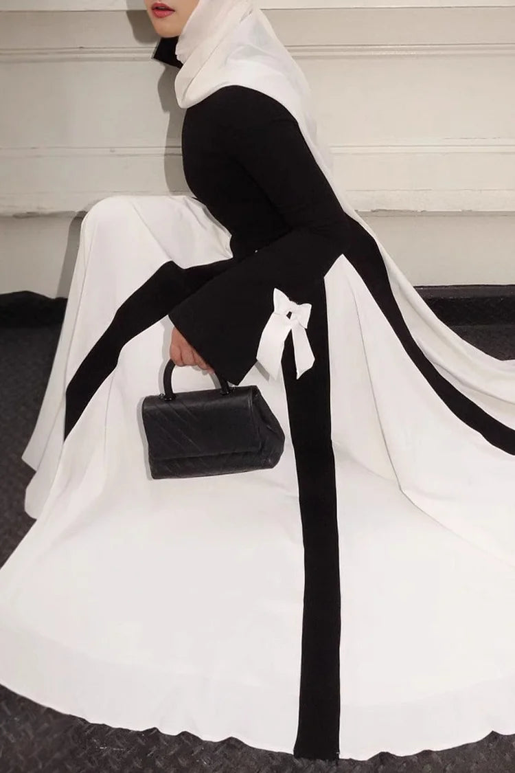 Bow Decor Long Sleeve Round Neck Colorblock Party Maxi Dresses
