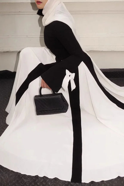 Bow Decor Long Sleeve Round Neck Colorblock Party Maxi Dresses