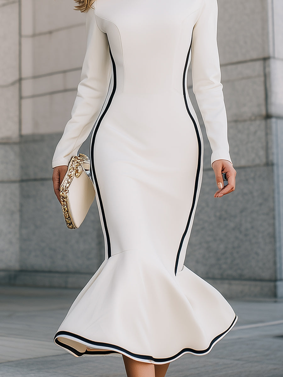 Ivory Long-Sleeve Mermaid Midi Dress With Contrast Trim
