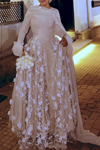 3D Floral Embroidery Corset Streamer Slit Cuff Party Maxi Dress