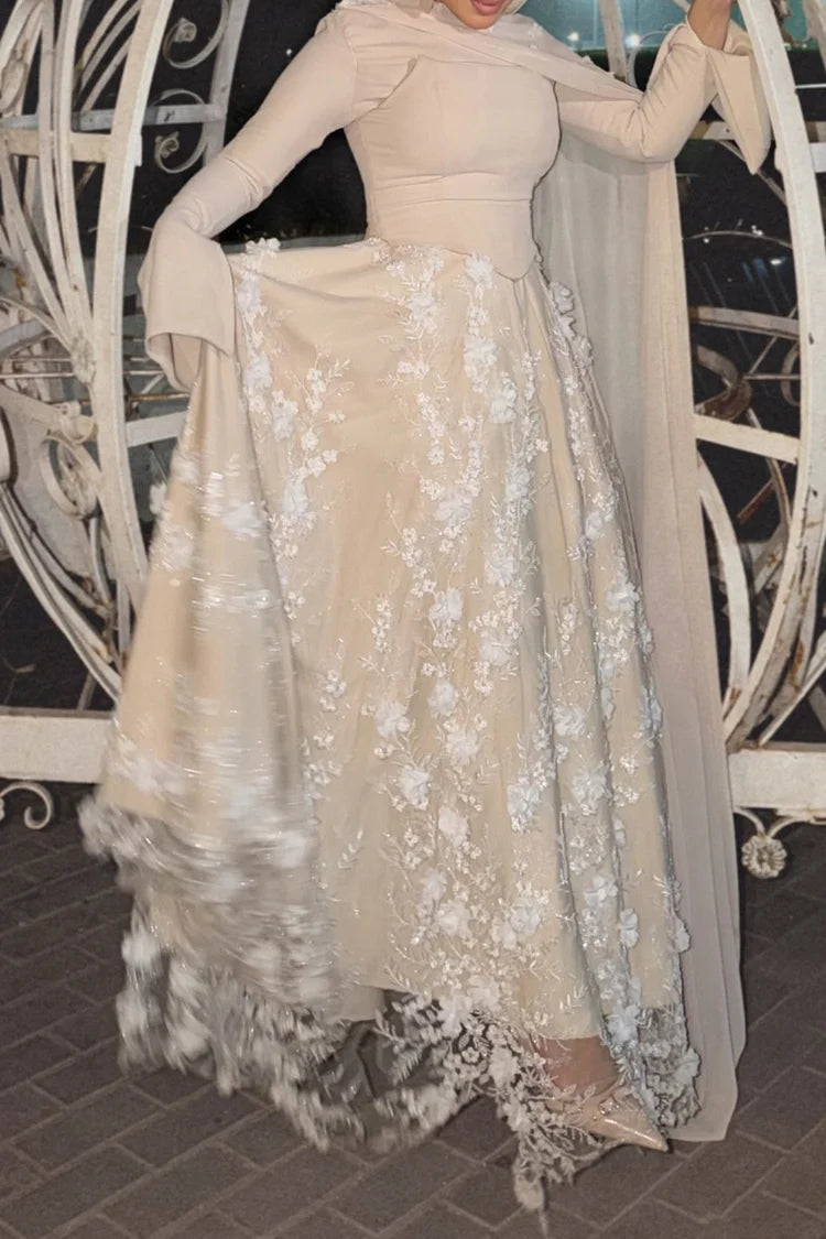 3D Floral Embroidery Corset Streamer Slit Cuff Party Maxi Dress