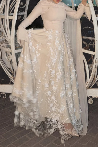 3D Floral Embroidery Corset Streamer Slit Cuff Party Maxi Dress