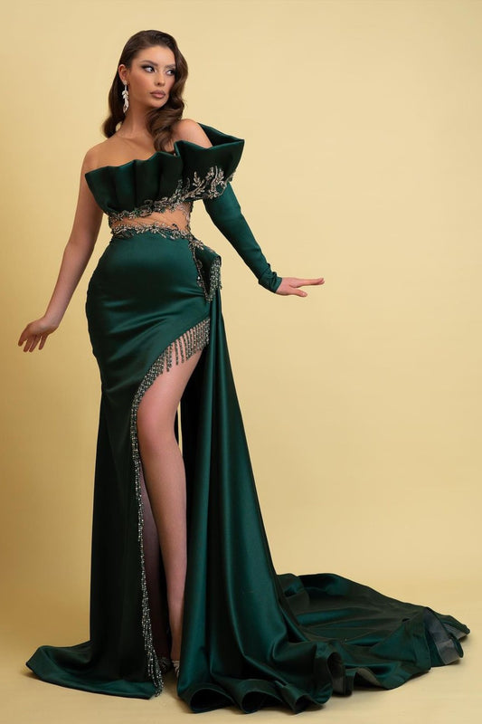 Dark Green Long Sleeves Charmeuse Prom Dress with Tassel
