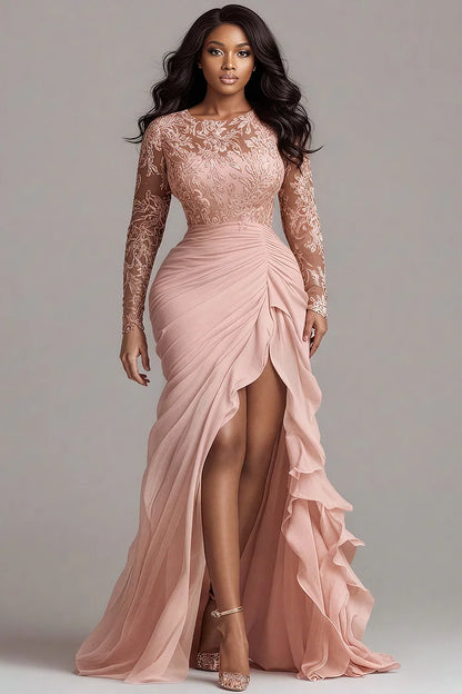 Formal Pink Round Neck Long Sleeve Split Elegant See Through Satin Maxi Dress