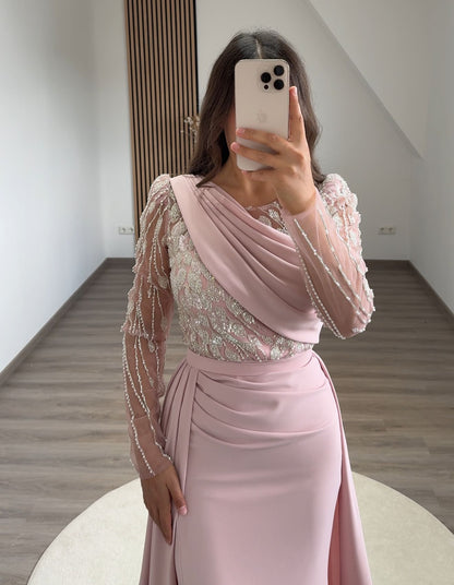 Long Sleeves One Shoulder Ruched Evening Dress