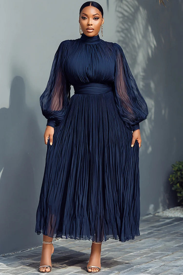 Mock Neck Lantern Sleeve Long Sleeve See Through Elegant Ruffled Midi Dress