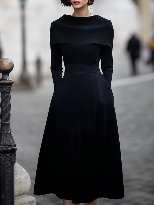 Draped Cape-Shoulder Midi Dress In Classic Black