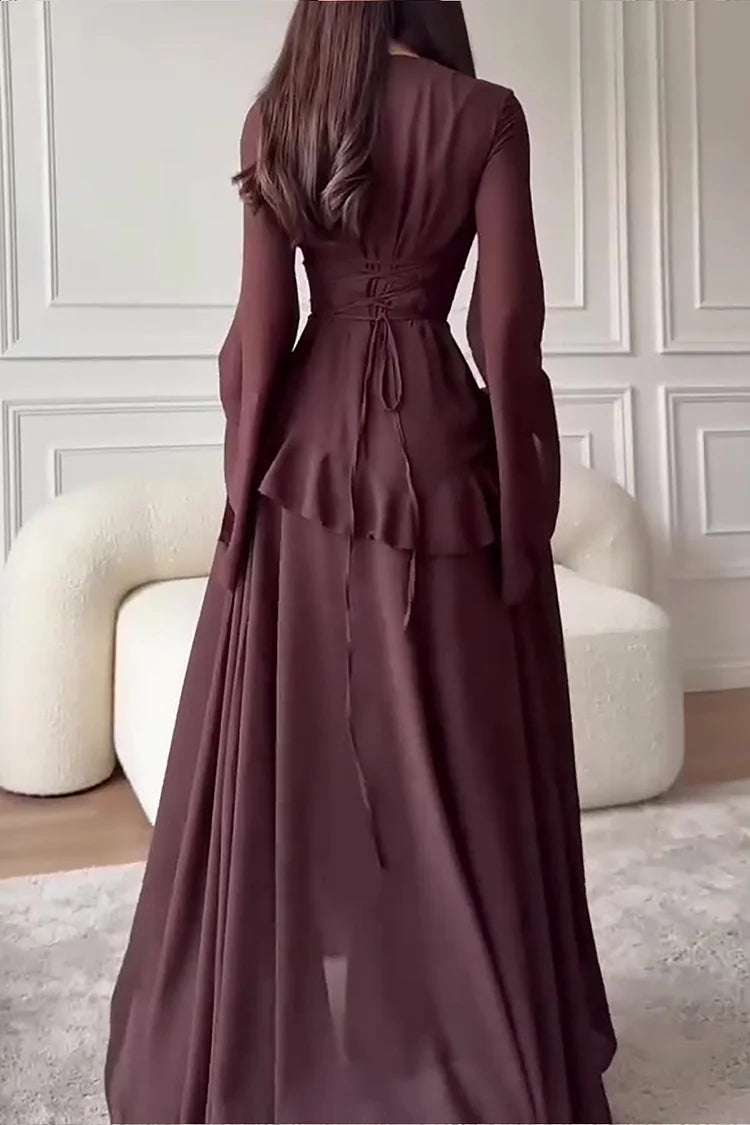 Round Neck Flare Sleeve Ruffled Solid Color Maxi Dresses